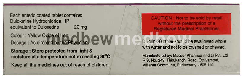 Dulotin 20mg Tablet | Price, Uses & Fast Delivery Jamshedpur