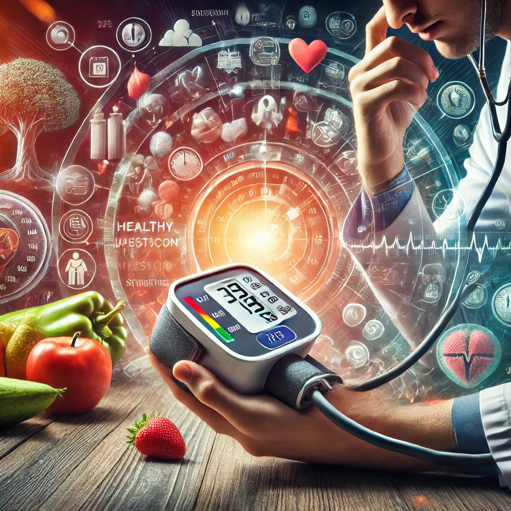 MedbeW DALL·E 2024 08 29 21.53.08 A detailed image illustrating the concept of hypertension. The scene shows a person having their blood pressure checked by a healthcare professional.