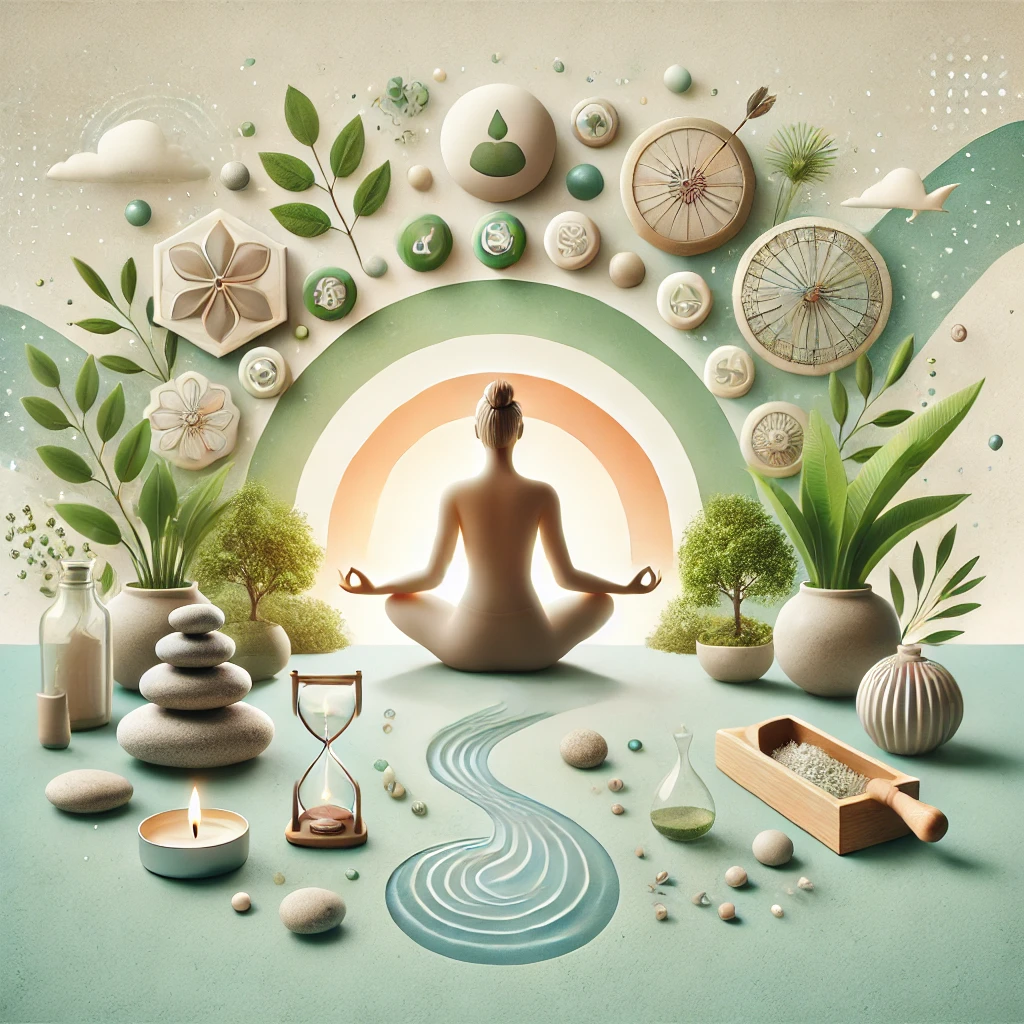 MedbeW DALL·E 2024 08 29 21.58.00 A serene and balanced image showing a person engaging in stress relief activities such as meditation or yoga in a calm nature inspired setting. Sur