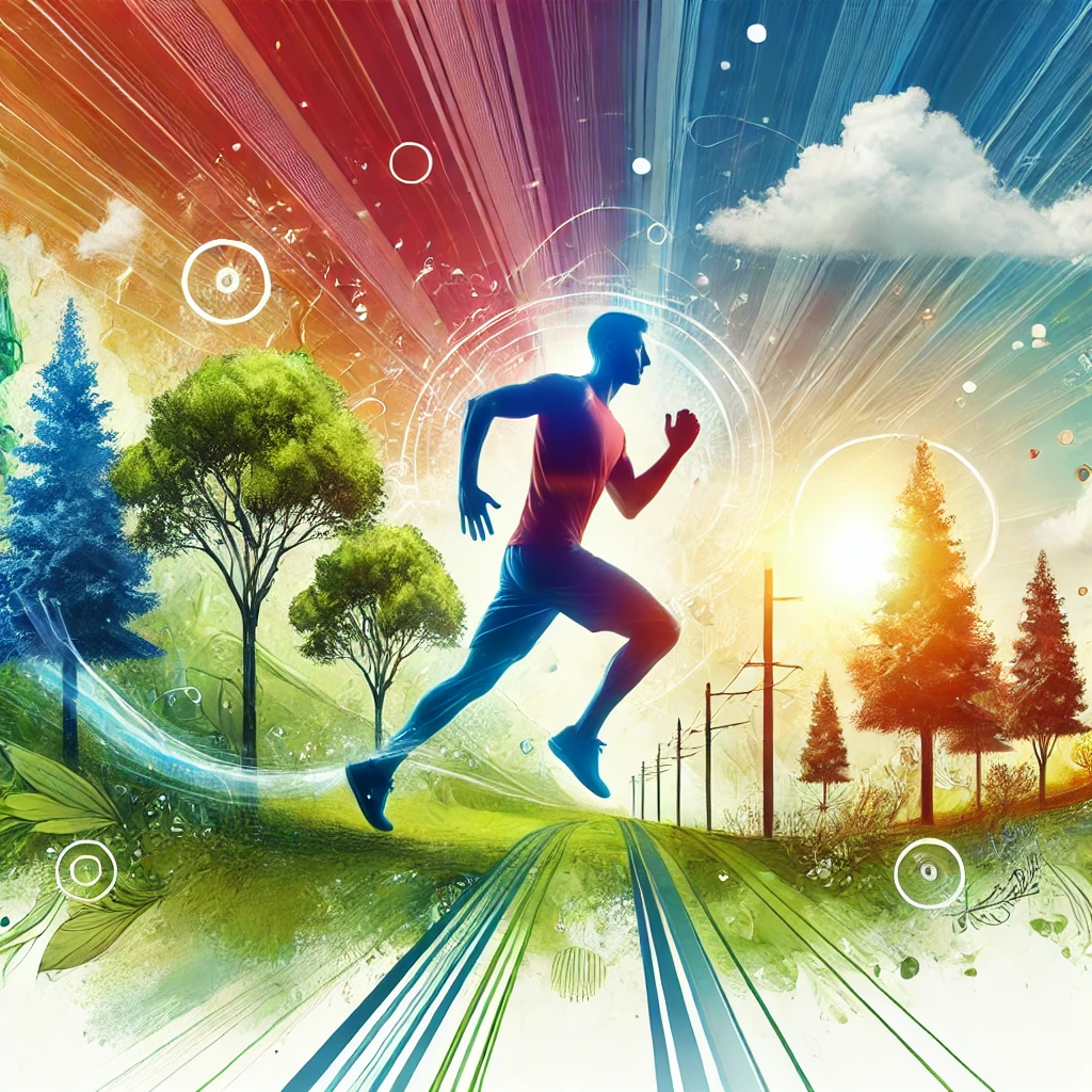 MedbeW DALL·E 2024 09 08 13.04.12 A vibrant and dynamic image showing a person jogging or doing aerobic exercise in a natural outdoor setting. Surrounding elements could include trees