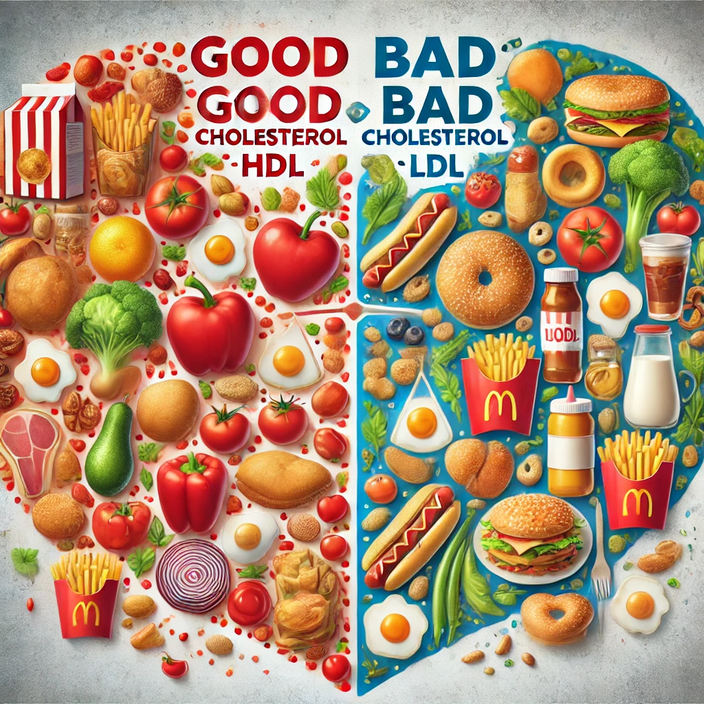 MedbeW DALL·E 2024 09 08 13.08.48 An informative image illustrating the concept of good and bad cholesterol. It should show a split image with one side representing healthy foods like