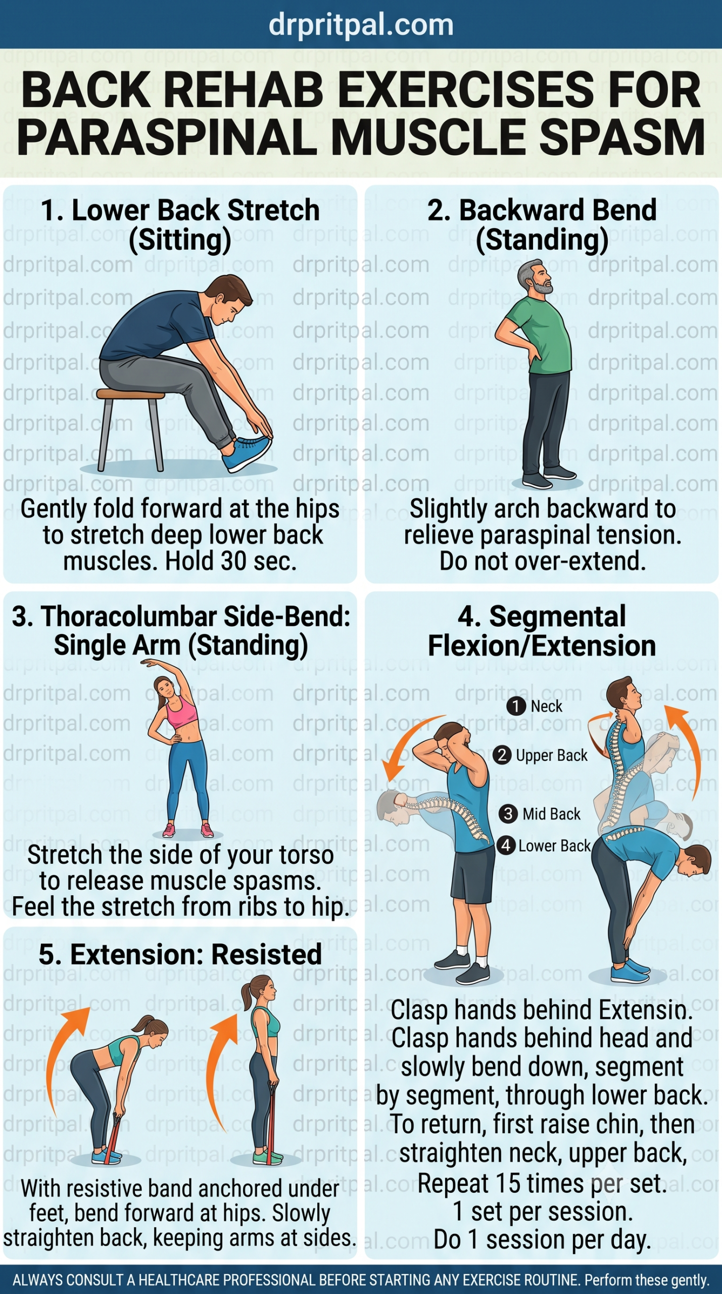 Back Rehab Exercises for Paraspinal Muscle Spasm Infographic